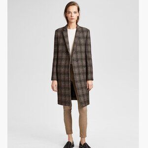 Theory Wool Plaid Essential Knee Length Pea Coat Size XS Brown Dark Academia